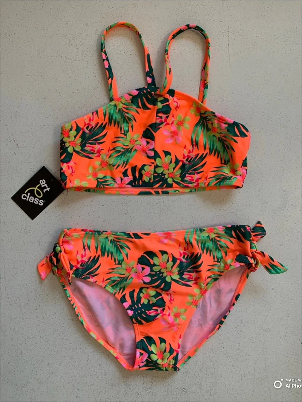 Art Class Girls Neon Orange Tropical Floral Bikini Set Size XL NWT Beach